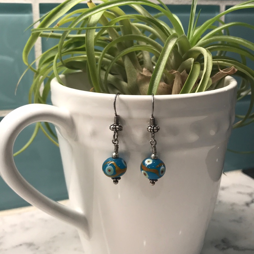 NEW Quirky handmade teal glass earrings